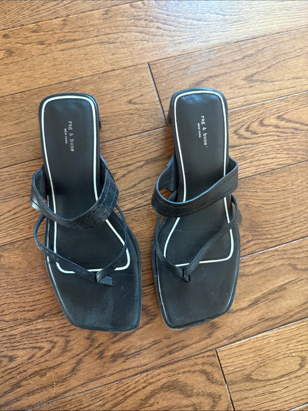 rag & bone Black Strappy Square-Toe Slide Sandals with White Piping